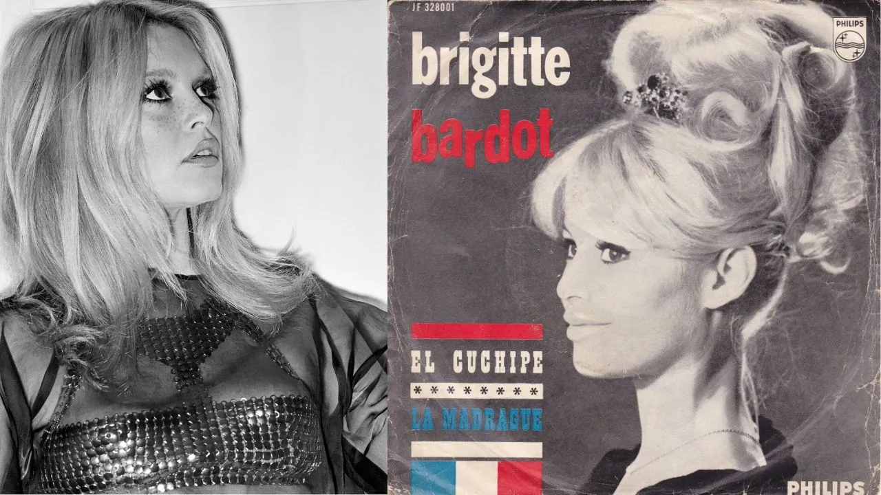 Brigitte Bardot en el teatro Marigny de París el 28 de noviembre de 1969 y una de las portadas de sus producciones musicales con la canción El Cuchipe